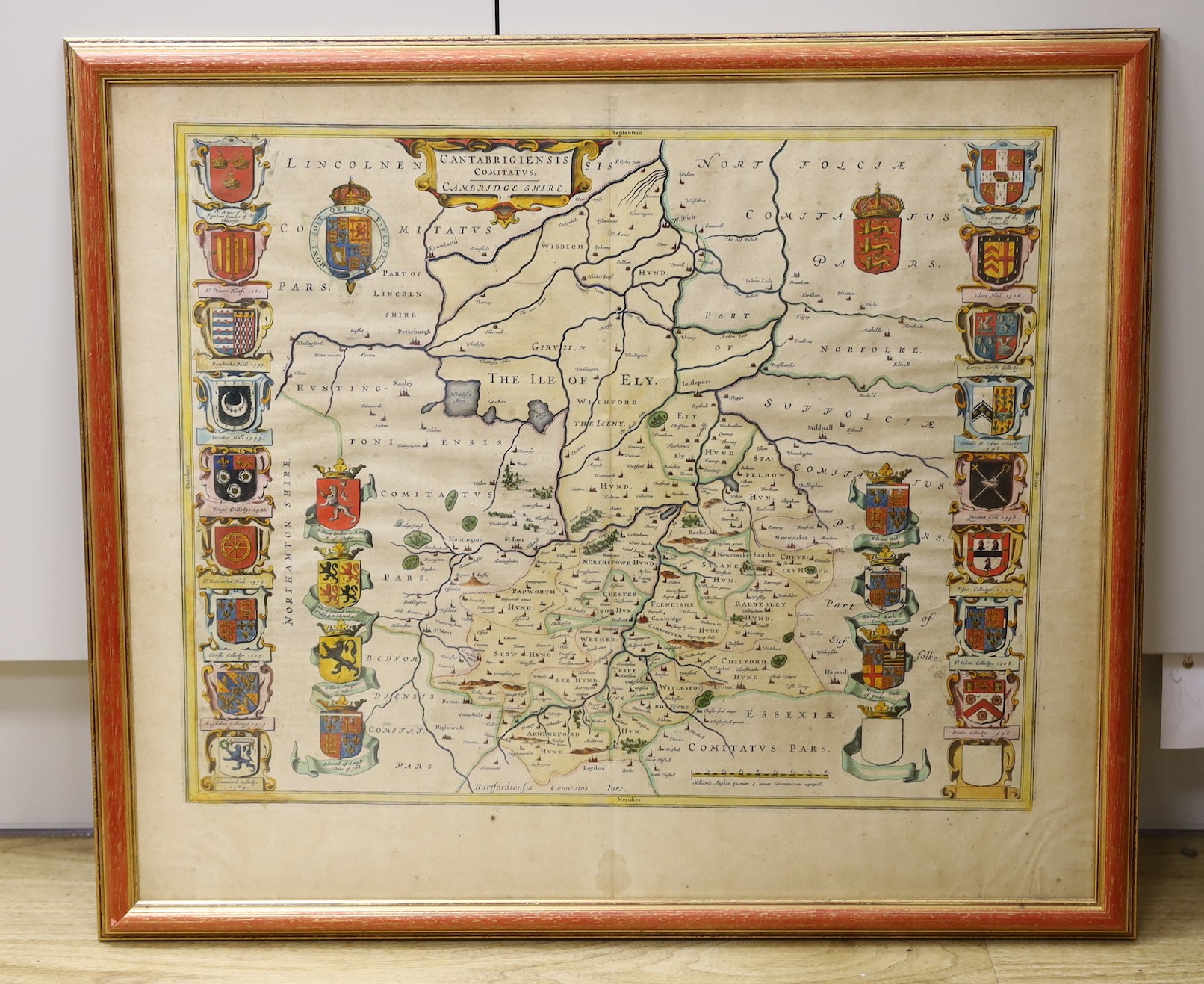 Johannes Blaeu (1571-1638), coloured engraving, Map of Cantabrigiensis (Cambridgeshire), German text verso, full sheet 50 x 59cm